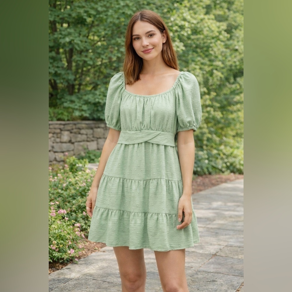 Eclipse Light Green Puff Sleeve Mini Dress Large